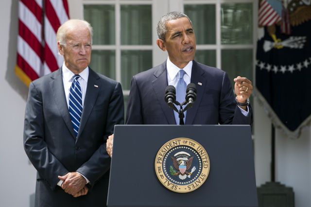 President Obama, with Vice President Biden, in the Rose Garden